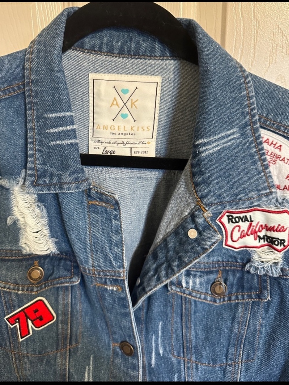 Angel Kiss Jean Jacket w Decorative Patches, Blue, Red & White, Sz Large - Picture 2 of 6